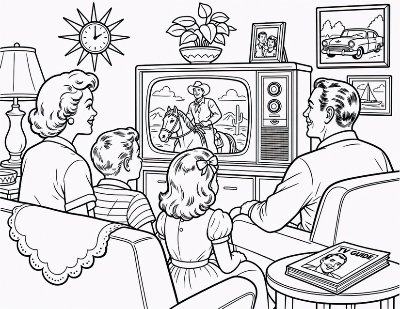Family TV Night Coloring Page, Cowboy Western on Screen