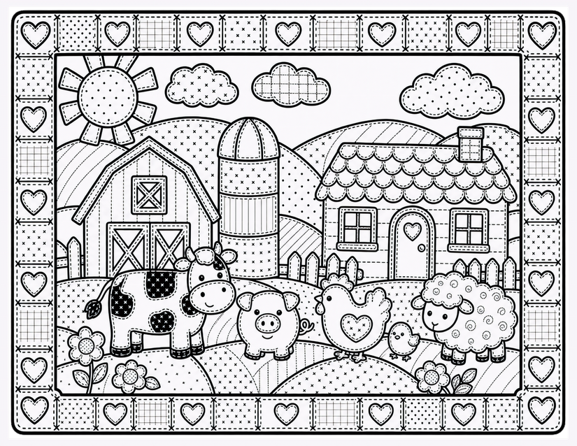 Farm Animals Coloring Page, Cow Pig Hen and Sheep