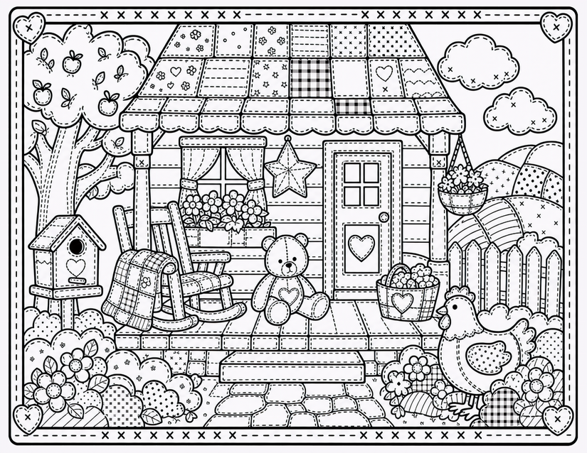 Patchwork Farmhouse Exterior Coloring Page, Teddy Bear and Hen on the Stoop