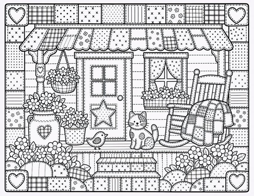 Farmhouse Porch Coloring Page, Cat, Rocking Chair and Quilt Squares