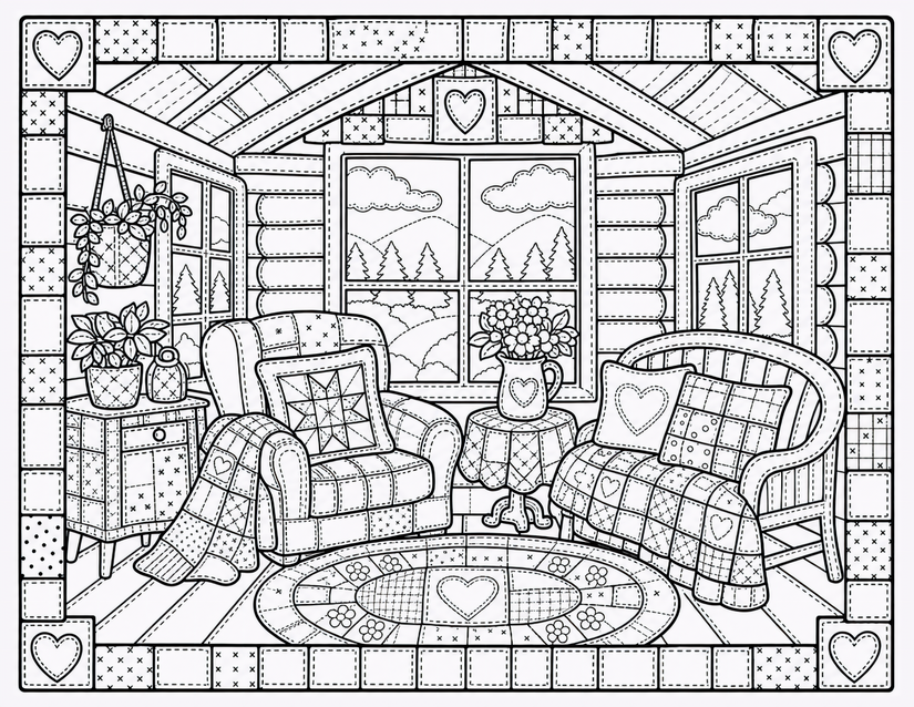 Farmhouse Sitting Room Coloring Page, Quilted Armchairs and Mountain View