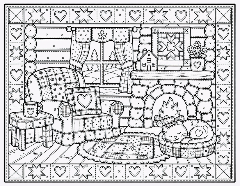 Fireside Living Room Coloring Page, Cat Napping by Stone Fireplace