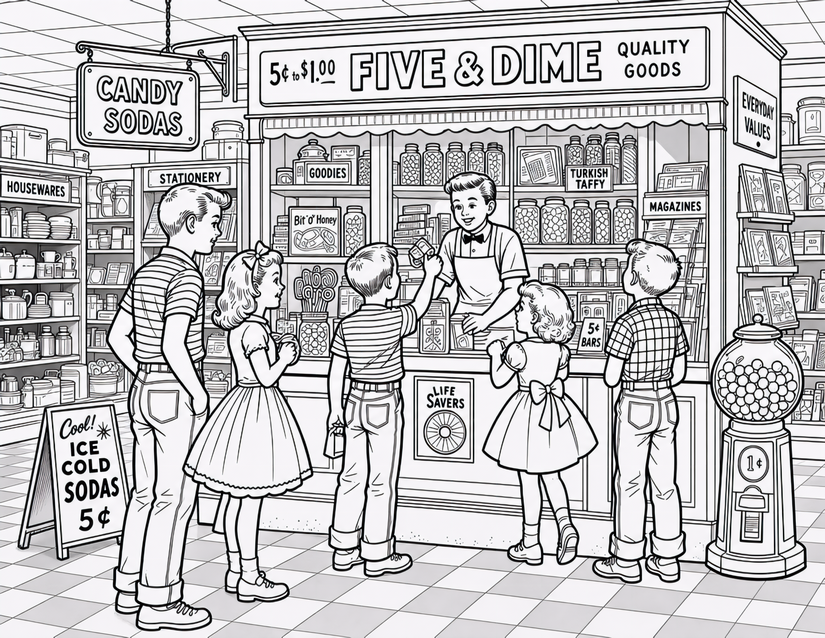 Five and Dime Store Coloring Page, Kids at the Candy Counter