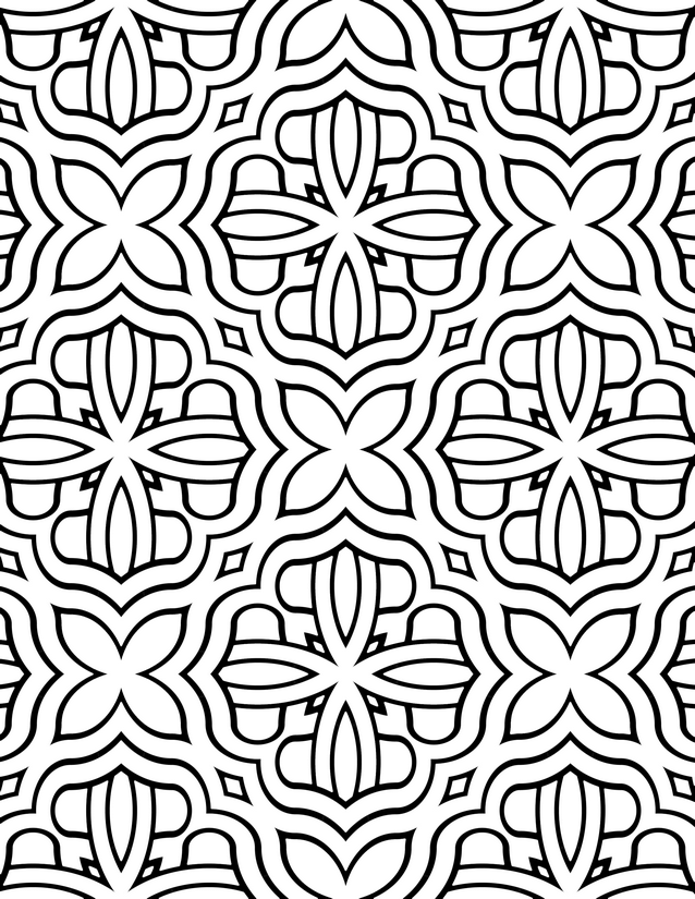 Four Petal Flower Grid Coloring Page, Interlocking Ogee Frame