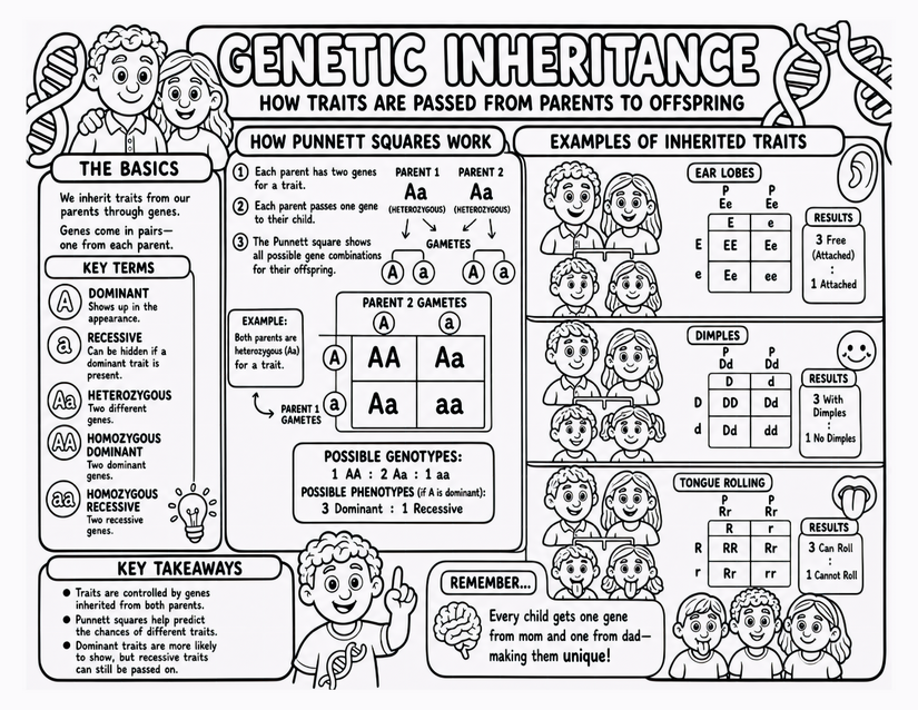Genetic Inheritance Coloring Page, Punnett Squares and Three Traits