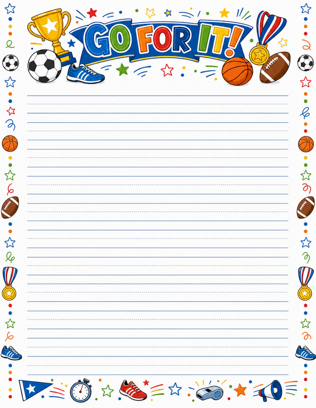 Go For It Kids Writing Paper, Sports Borders and Lined Pages