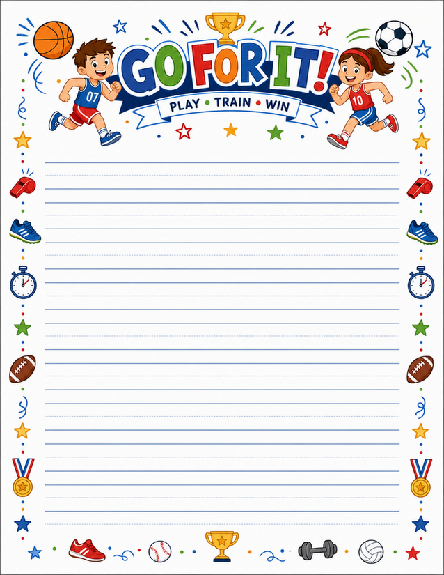 Go For It Sports Writing Paper, Two Kids and Trophy Border