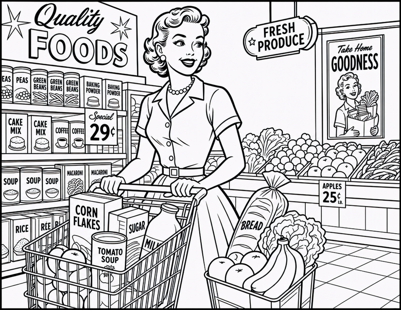 Grocery Store Coloring Page, 29-Cent Specials and Full Cart