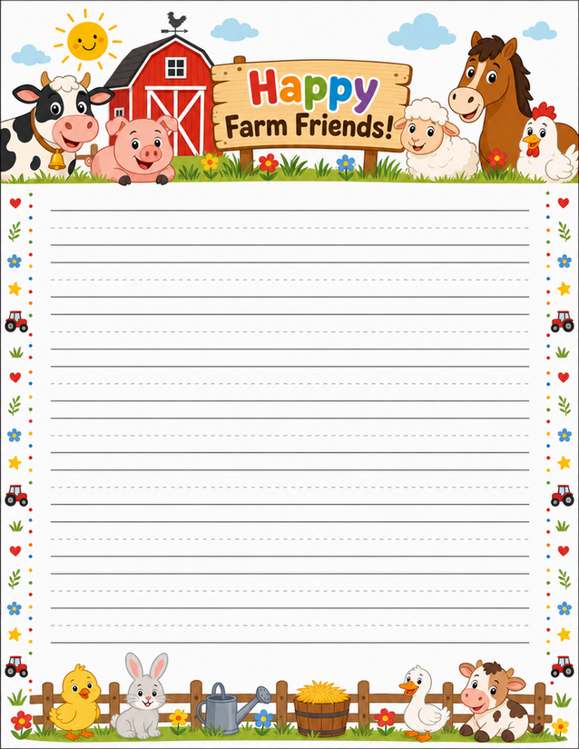 Happy Farm Friends Handwriting Page, Lined Writing Sheet