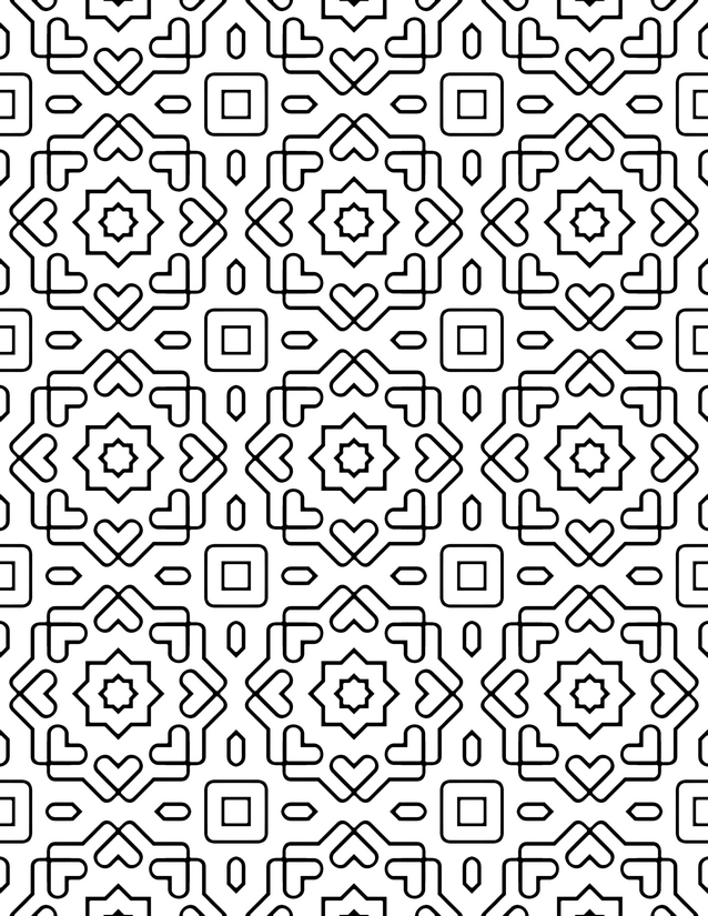 Heart Star Tile Coloring Page, Eight-Pointed Stars and Corner Hearts