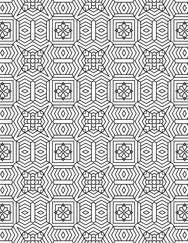 Hexagon Floral Medallion Coloring Page, Striped Frames and Star Centers