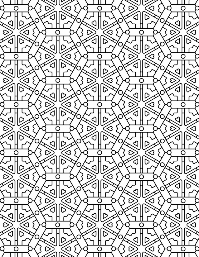 Hexagon Heart Grid Coloring Page, Triangles and Circle Joints