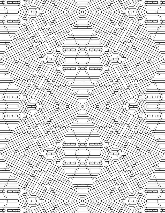 Hexagon Pattern Coloring Page, Concentric Rings and Circuit Lines