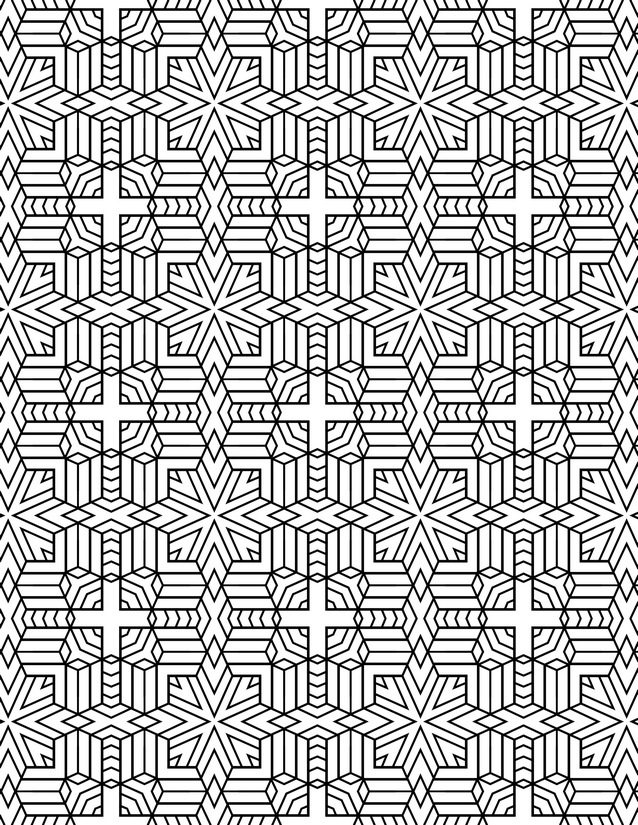 Hexagon Snowflake Grid Coloring Page, Striped Rays and Chevrons