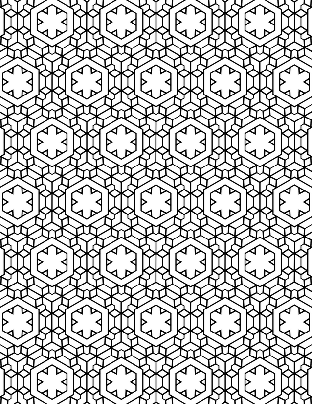 Hexagon Snowflake Pattern Coloring Page, Eight-Point Stars