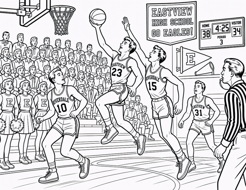 High School Basketball Game Coloring Page, Eastview vs. Riverdale
