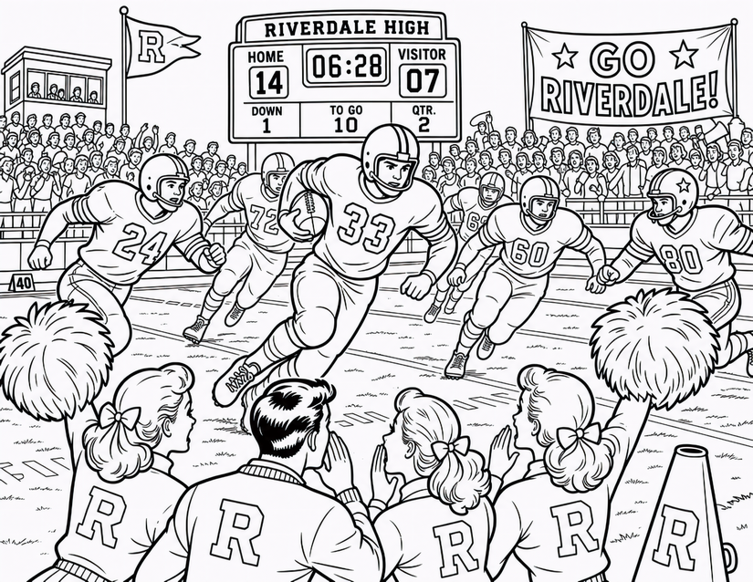 High School Football Game Coloring Page, Riverdale Scoreboard and Crowd