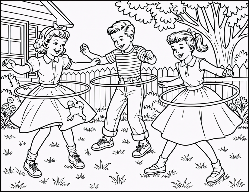 Hula Hoop Kids Coloring Page, Three Kids and a Poodle