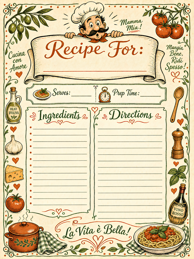 Italian Recipe Page for Kids, Chef, Olive Oil and Spaghetti