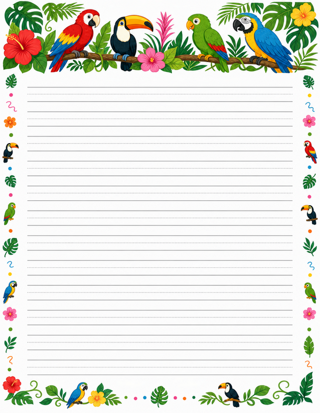 Jungle Birds Writing Paper, Parrots and Toucan Border