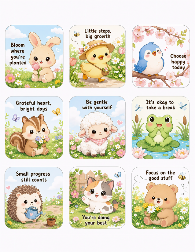 Kawaii Spring Animal Affirmation Cards, Nine Rounded Square Stickers