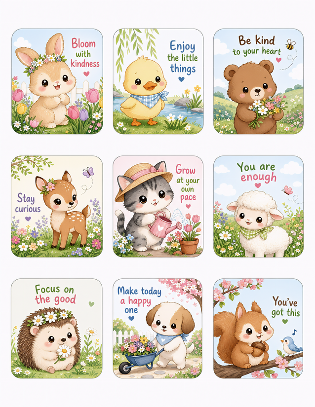 Kawaii Spring Animal Affirmation Sticker Cards, Nine Rounded Squares