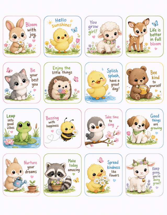 Kawaii Spring Animal Affirmation Sticker Sheet, 16 Cards