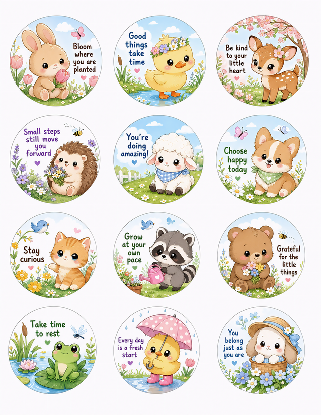 Kawaii Spring Animal Affirmation Stickers, 12 Circle Designs
