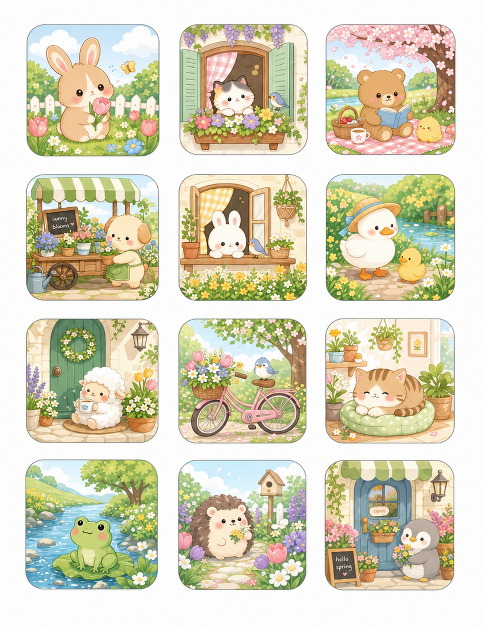Kawaii Spring Animal Scene Sticker Sheet, 12 Illustrated Cards