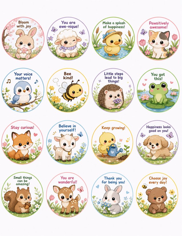 Kawaii Spring Animal Stickers, 16 Oval Affirmation Designs