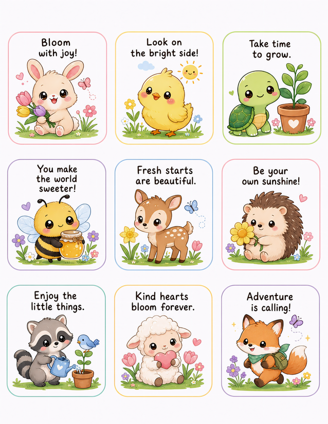 Kawaii Spring Animal Affirmation Stickers, Nine Rounded Cards