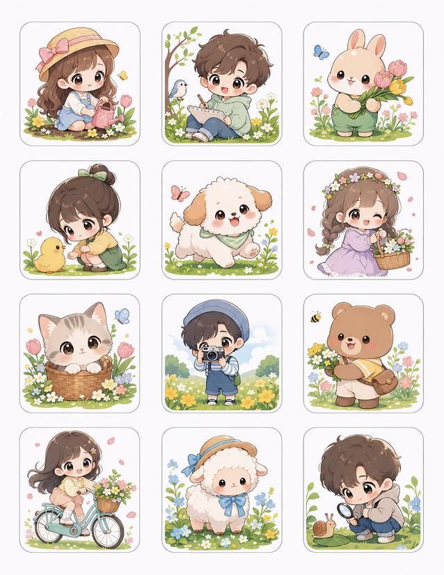Kawaii Spring Kids and Animals Sticker Sheet, 12 Rounded Cards