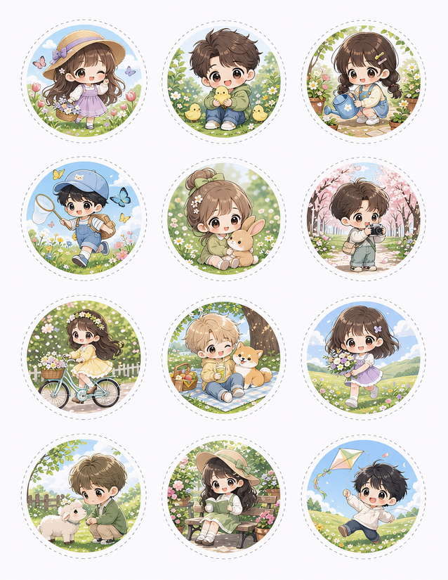 Kawaii Spring Kids Sticker Sheet, Twelve Circle Scenes