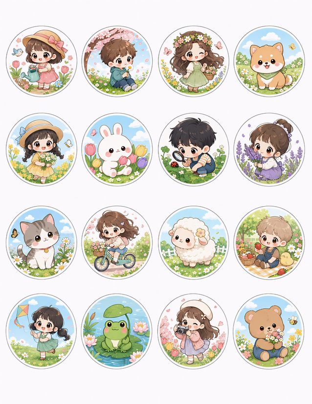 Kawaii Spring Kids Stickers, Sixteen Circle Scenes