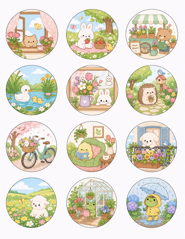 Kawaii Spring Scene Stickers, Twelve Circle Designs