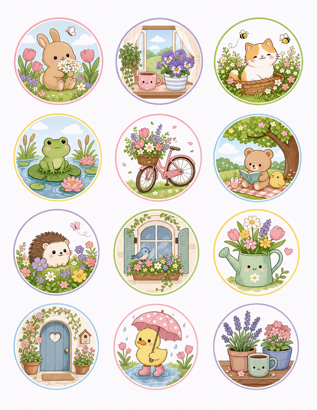 Kawaii Spring Stickers, 12 Circle Scenes with Animals and Gardens