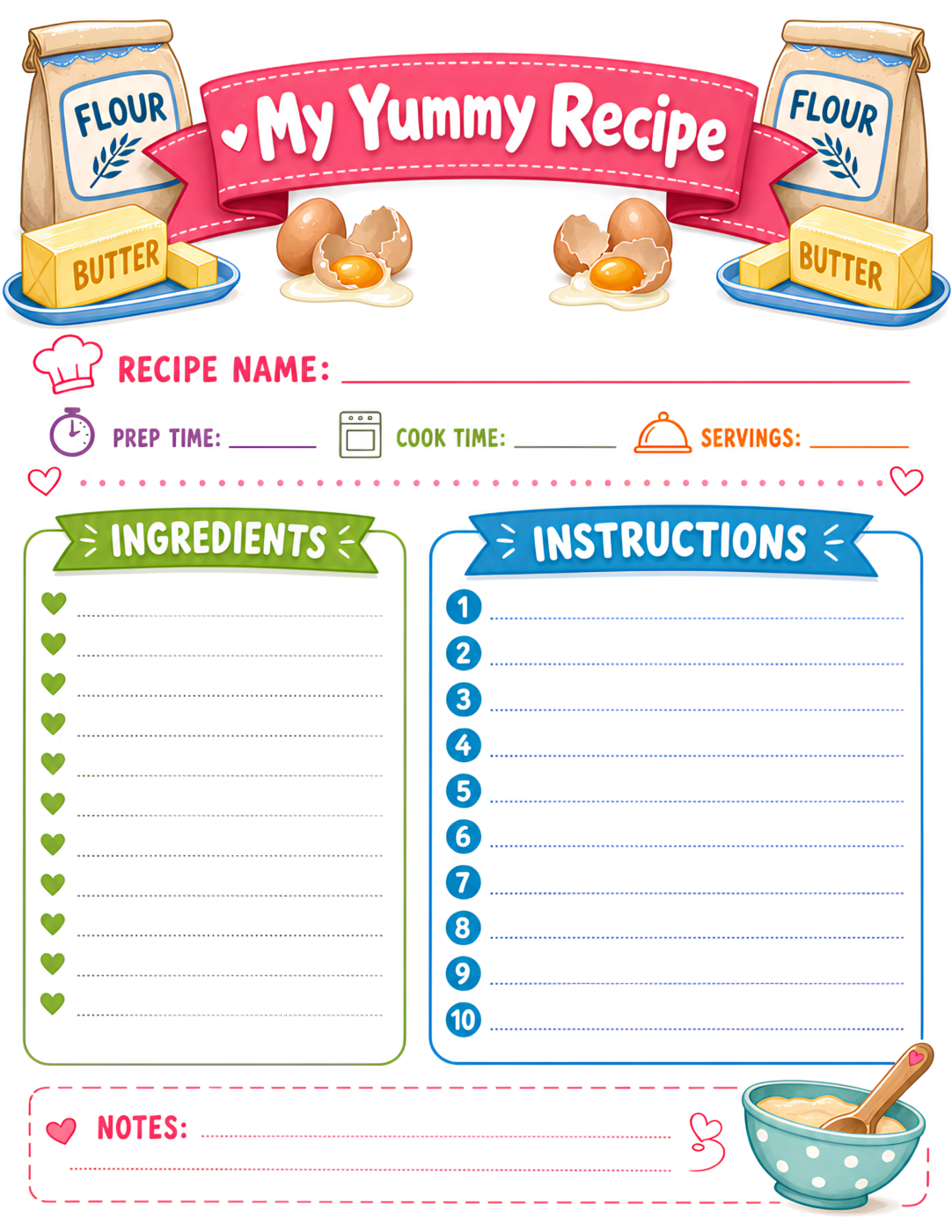 Kids Cookbook Page Hot Pink Green Blue