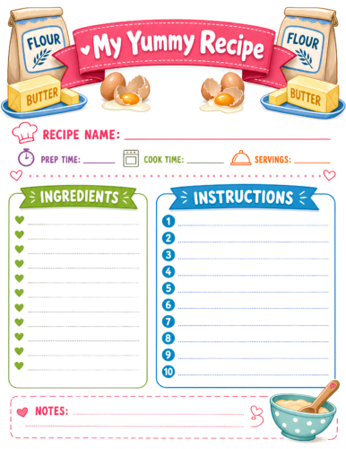 Kids Cookbook Page Hot Pink Green Blue