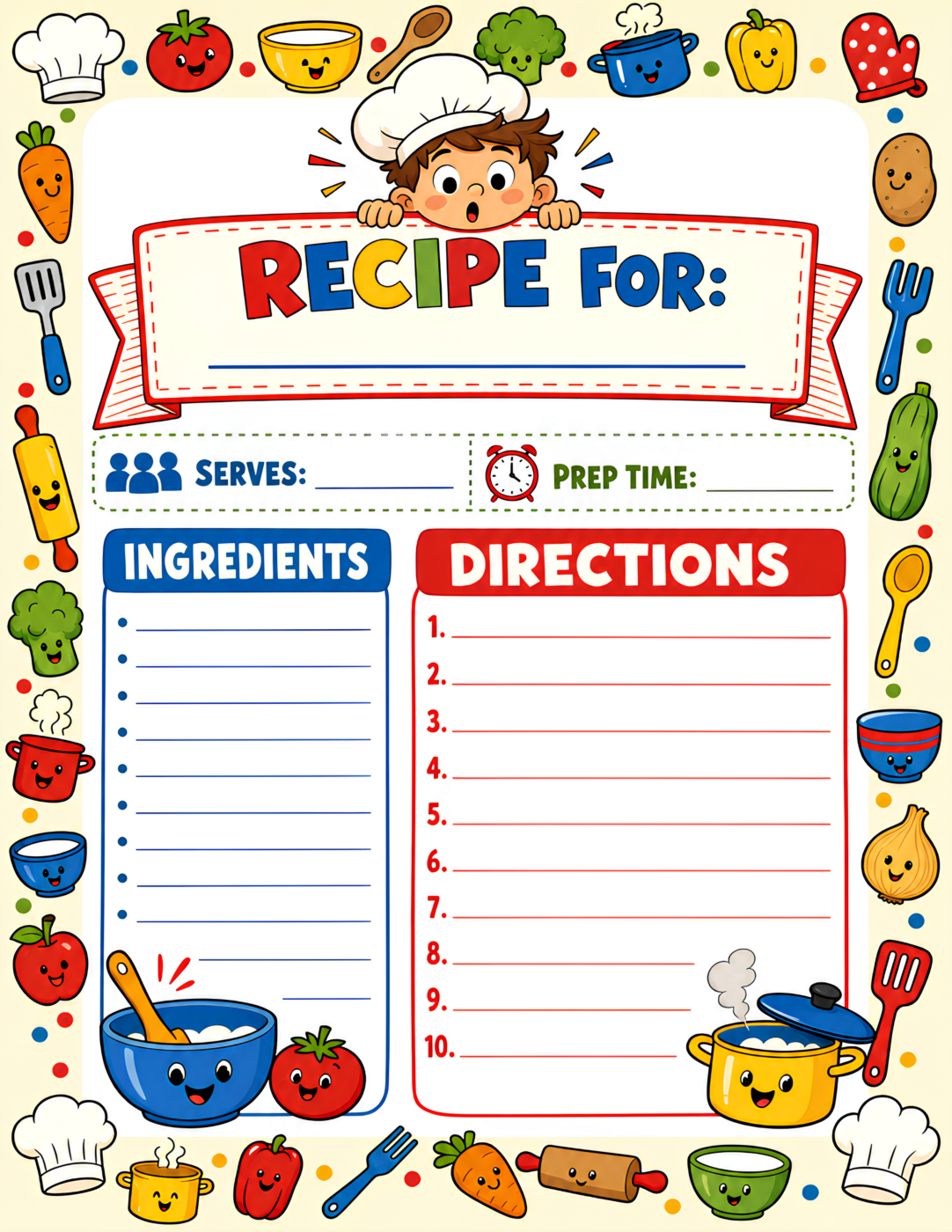 Kids Cookbook Page Primary Red Blue Yellow