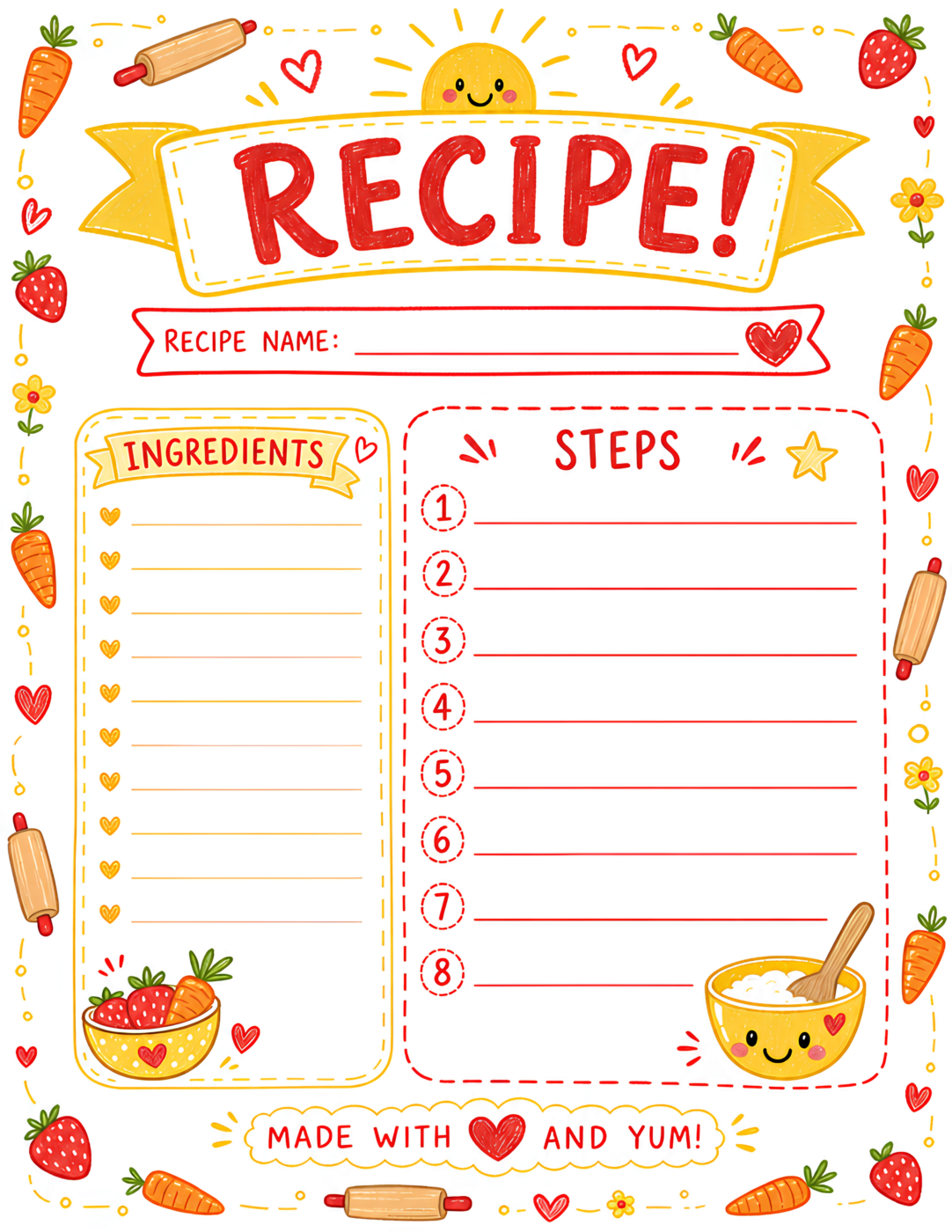 Kids Cookbook Page Red Yellow White