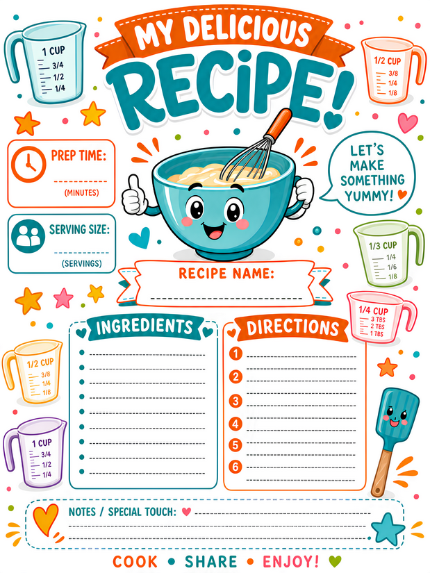 Kids Delicious Recipe Page, Measuring Cups and Smiling Bowl