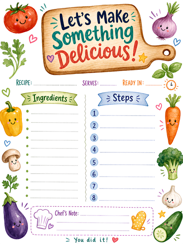 Kids Let’s Make Something Delicious Recipe Page, Veggie Characters