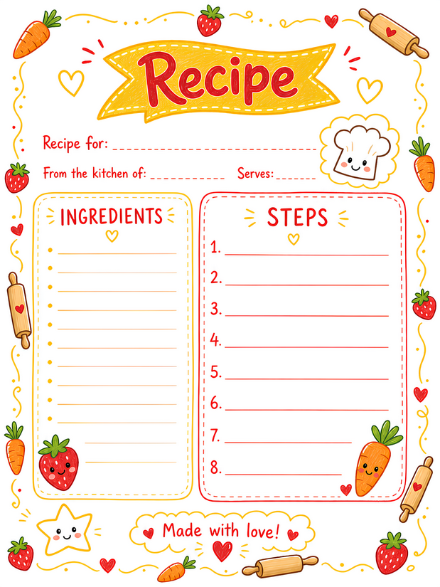 Kids Recipe Book Template, Ingredients and Eight Numbered Steps