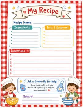 Kids Recipe Journal Page Red White Teal Gold