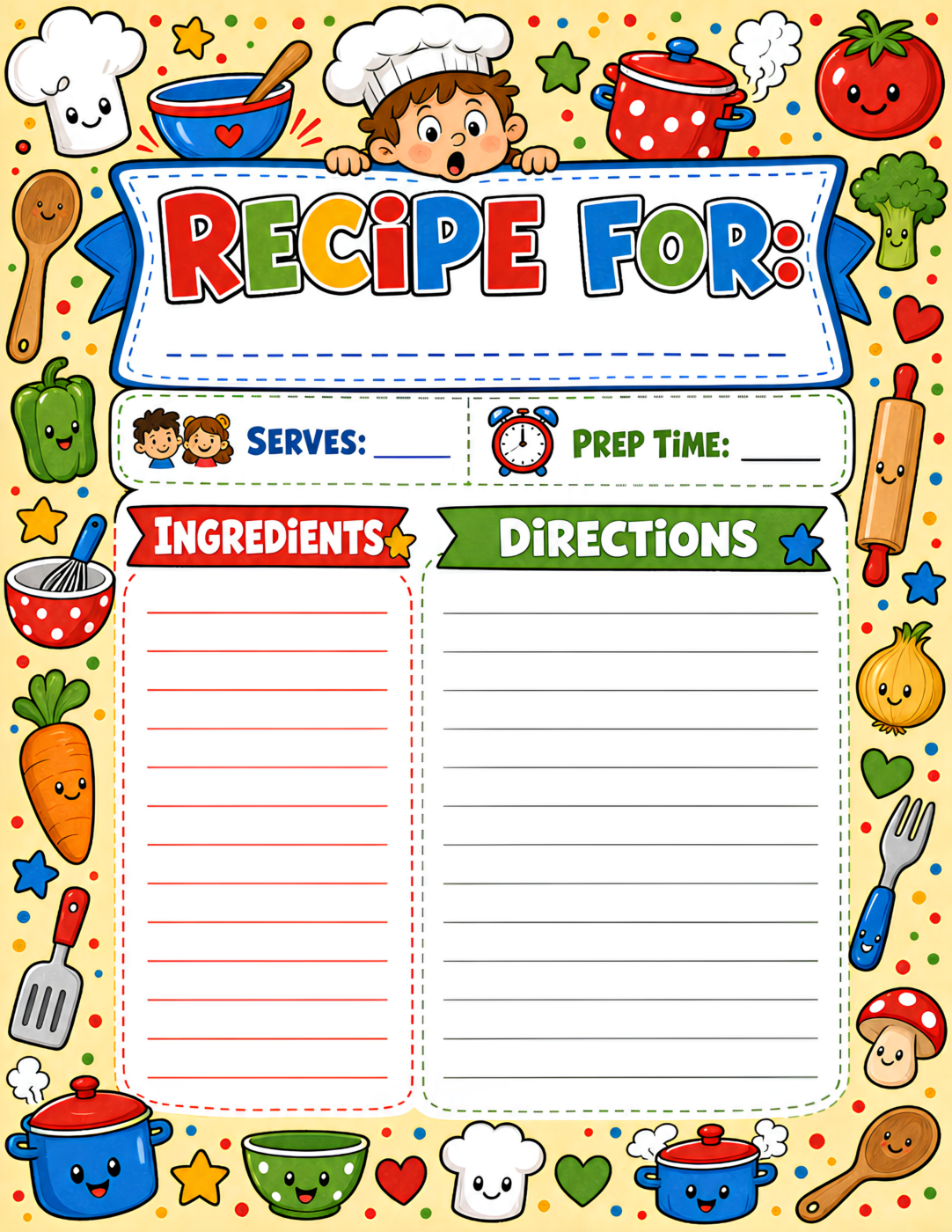 Kids Recipe Page Primary Red Yellow Green