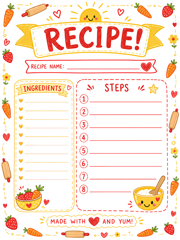 Kids Recipe Page With Steps, Sunshine Banner and Kawaii Bowl