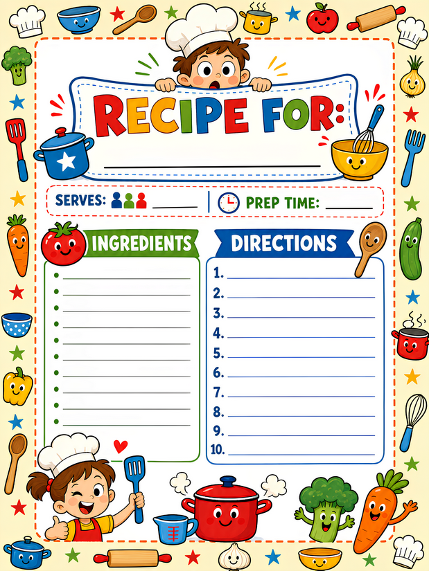 Kids Recipe Printable Page, Serves and Prep Time Fields