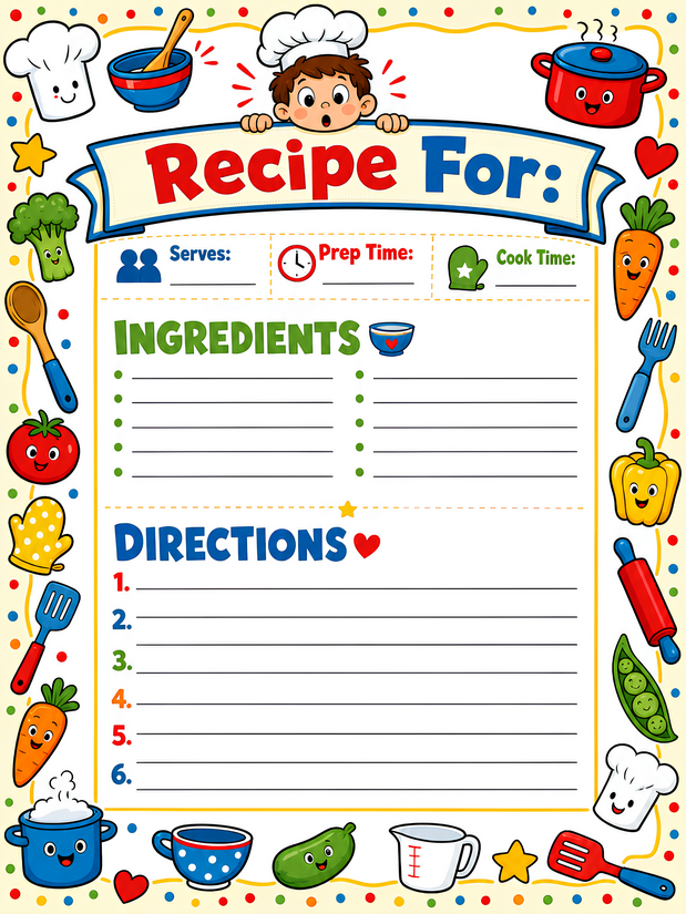 Kids Recipe Template Page, Chef Boy With Veggie Border