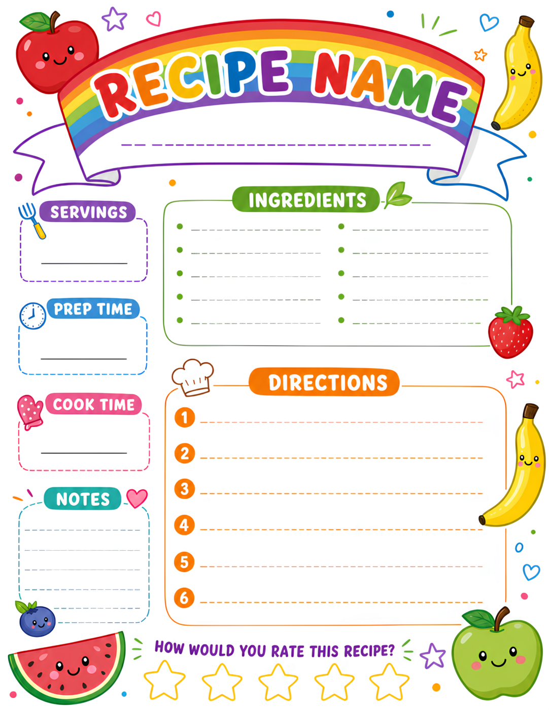 Kids Recipe Template Rainbow White Orange