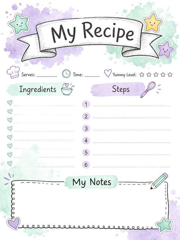 Kids Star Recipe Page, Yummy Level Rating and My Notes